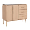 **Buffet en bois clair avec portes et tiroirs, design moderne**