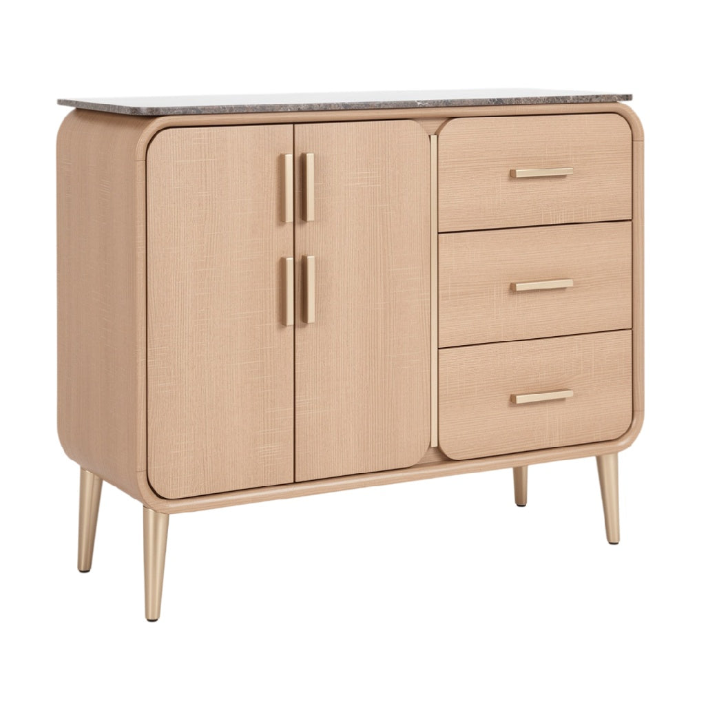 **Buffet en bois clair avec portes et tiroirs, design moderne**
