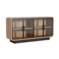 **Buffet en bois avec portes en verre et structure noire**