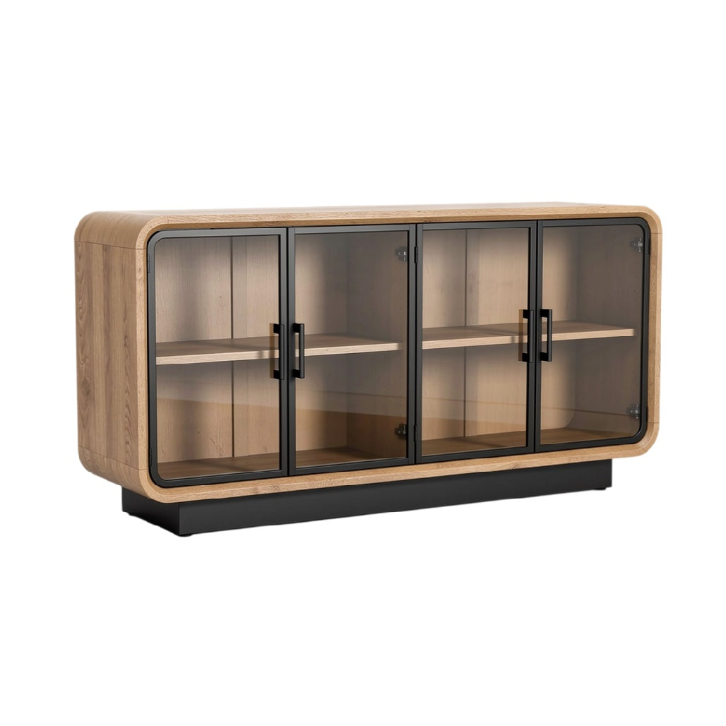 **Buffet en bois avec portes en verre et structure noire**